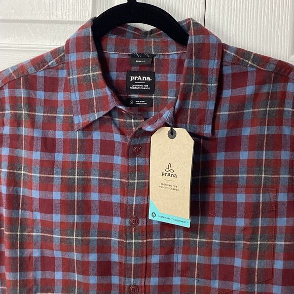 Prana Los Feliz Flannel Shirt Mens S Slim Fit Red Blue Plaid Rhubarb NWT - Picture 4 of 12